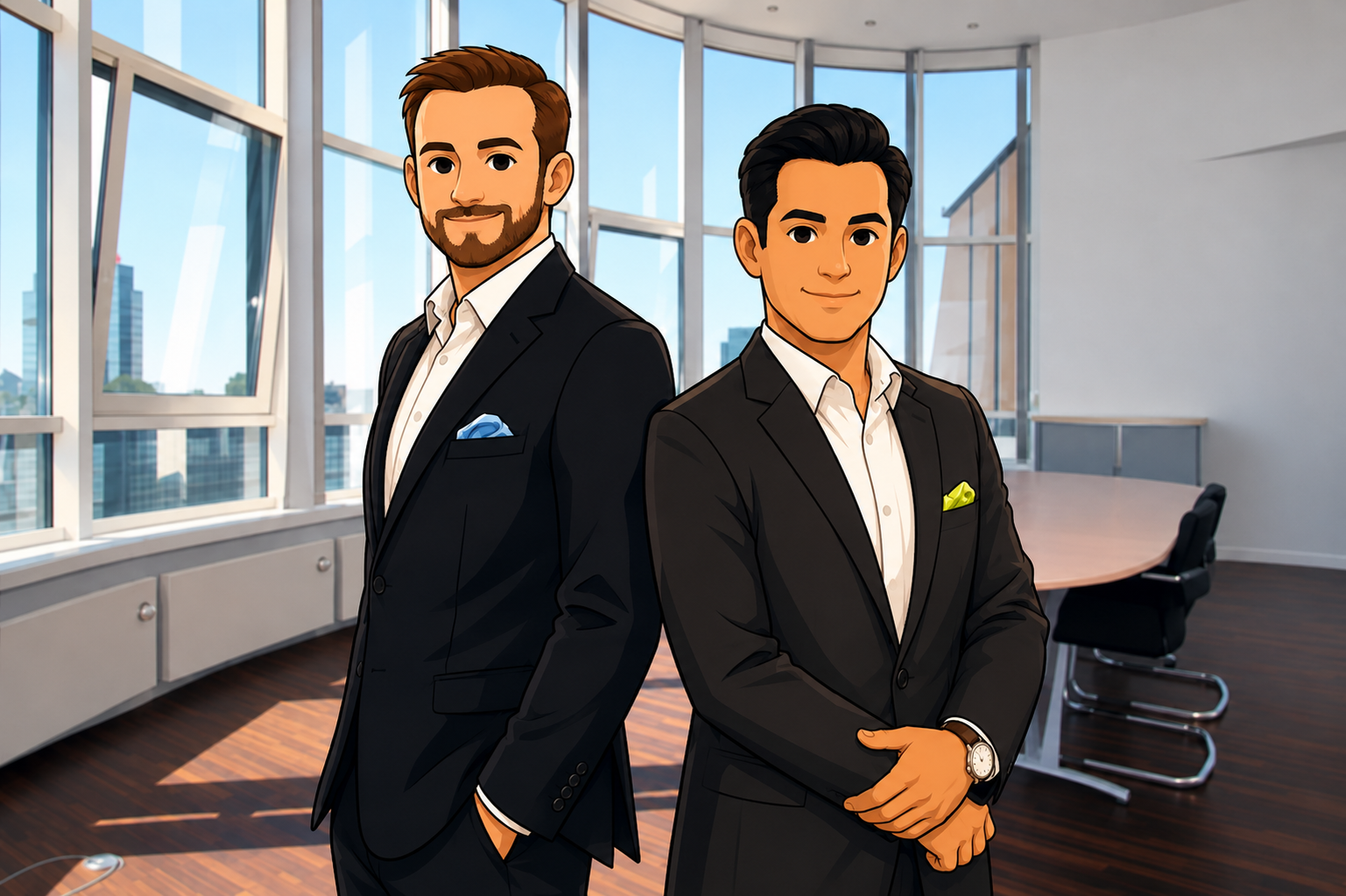 Illustrated management scene representing consulting and collaboration